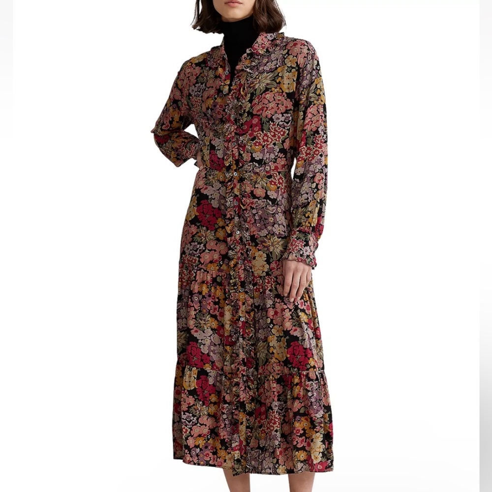 Polo Ralph Lauren 2 Primrose Floral Midi Dress Tiered Long Sleeve Ruffle Spring